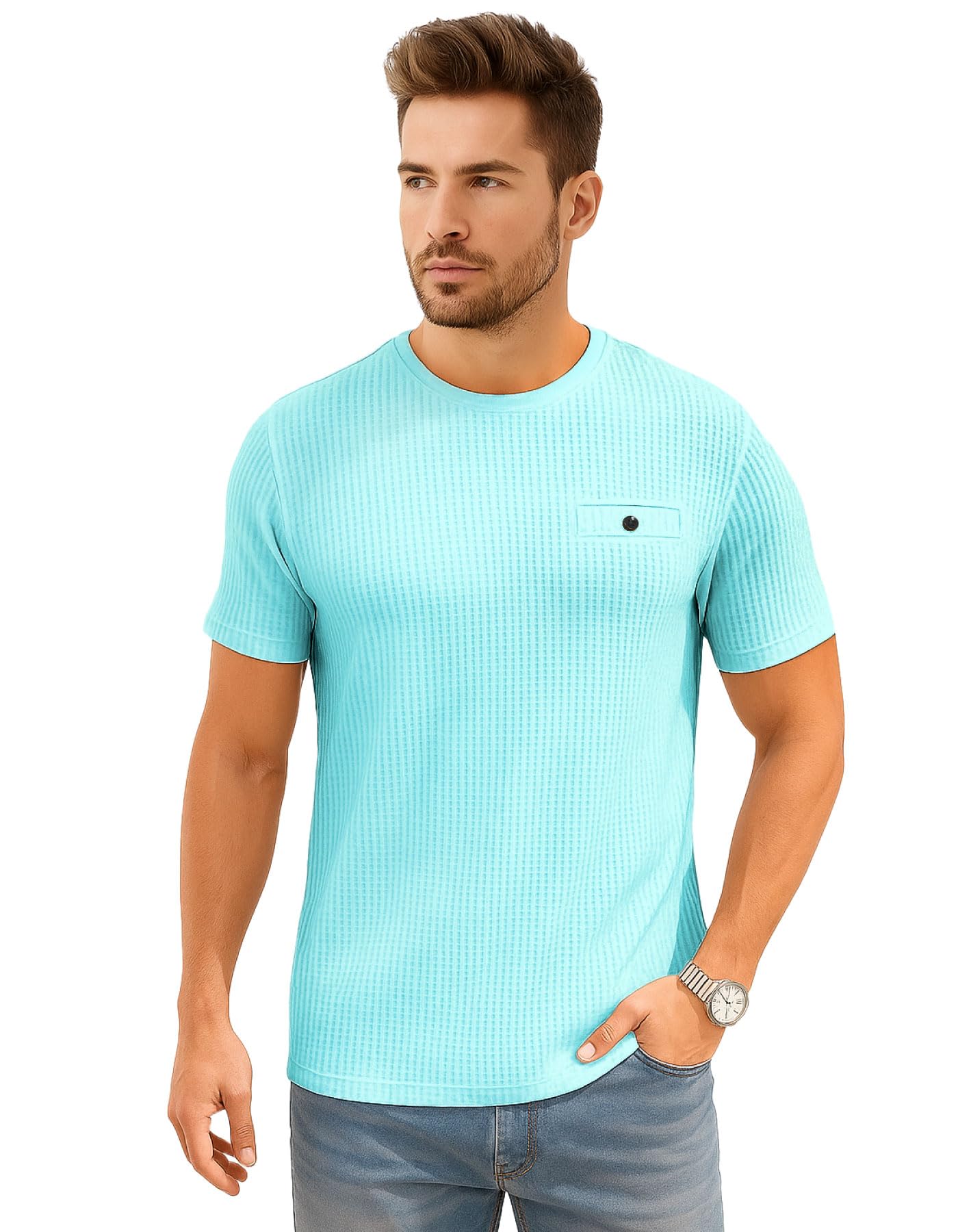 AWG Men Aqua Blue Waffle Knit Crew Neck T-Shirt
