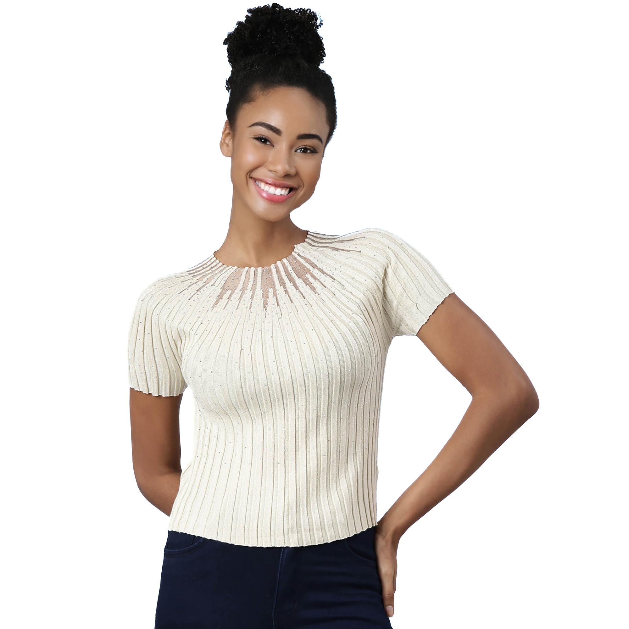 ICW Women Knit Rhinestone Embellished Mesh Crop Top