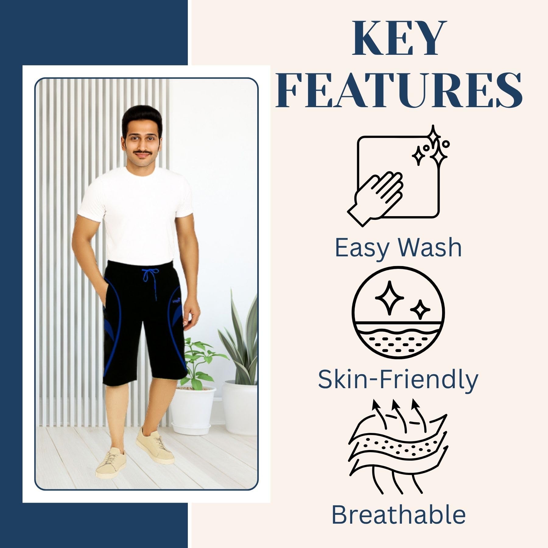 VEGO Mens Cotton Capri Pant - Black - Image 4