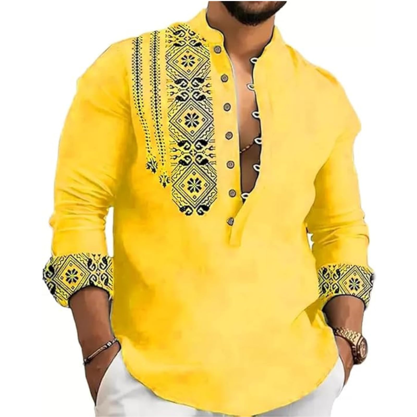 DEELMO Men's Yellow Mandarin Collar Kurta