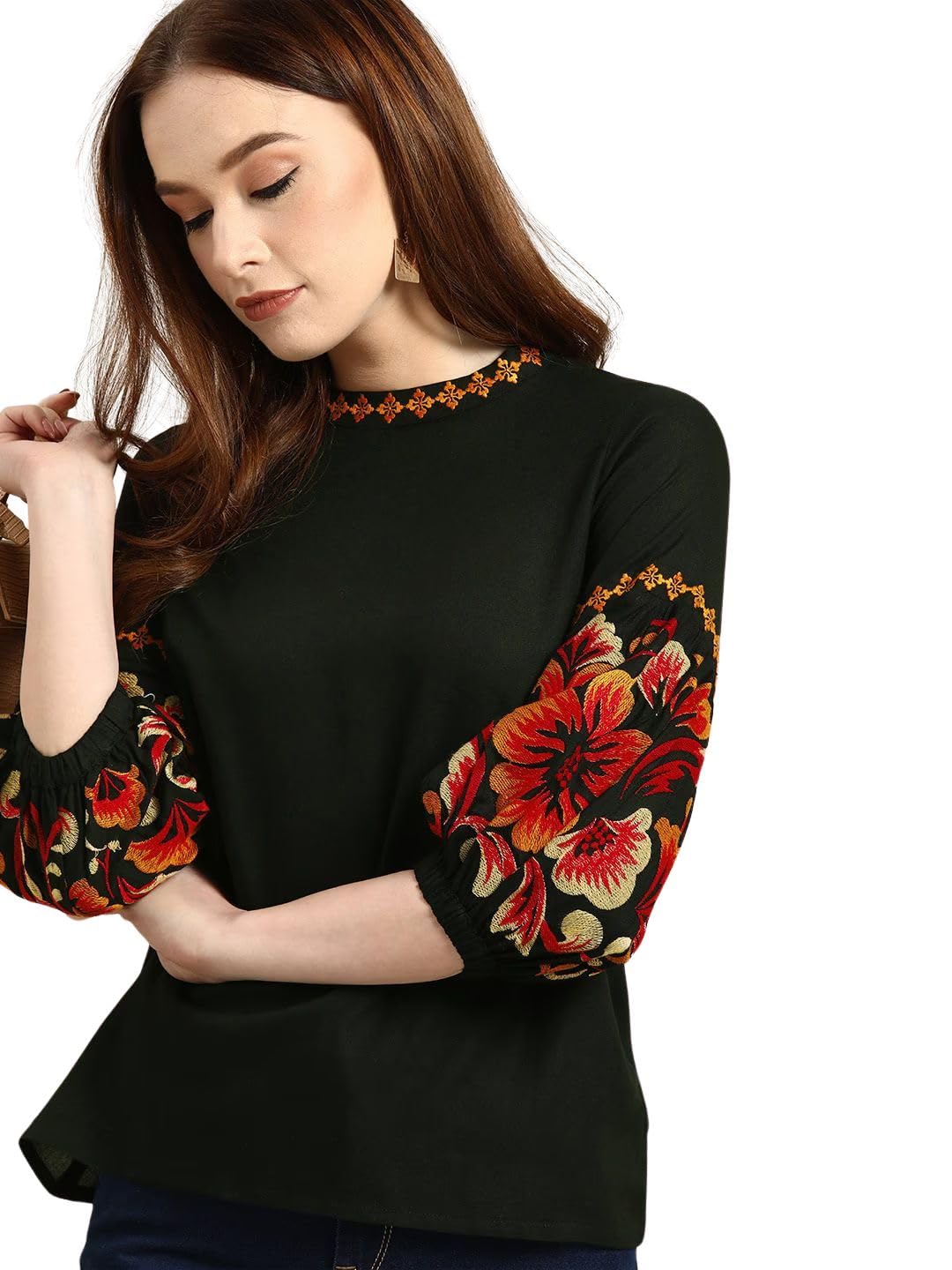 Rytras Black Embroidered Rayon Top for Women