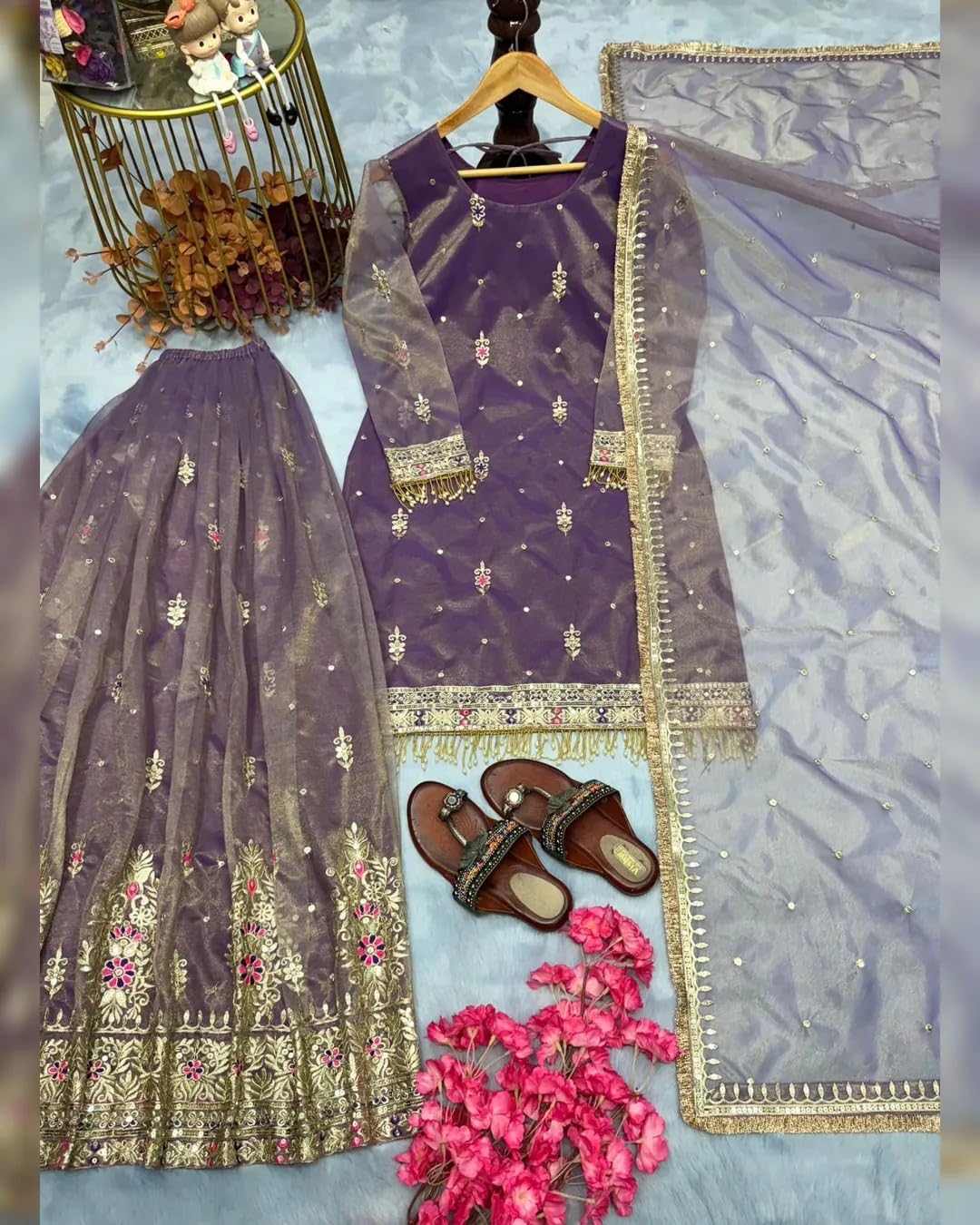 Purple Embroidered Sharara Suit with Dupatta - Image 5