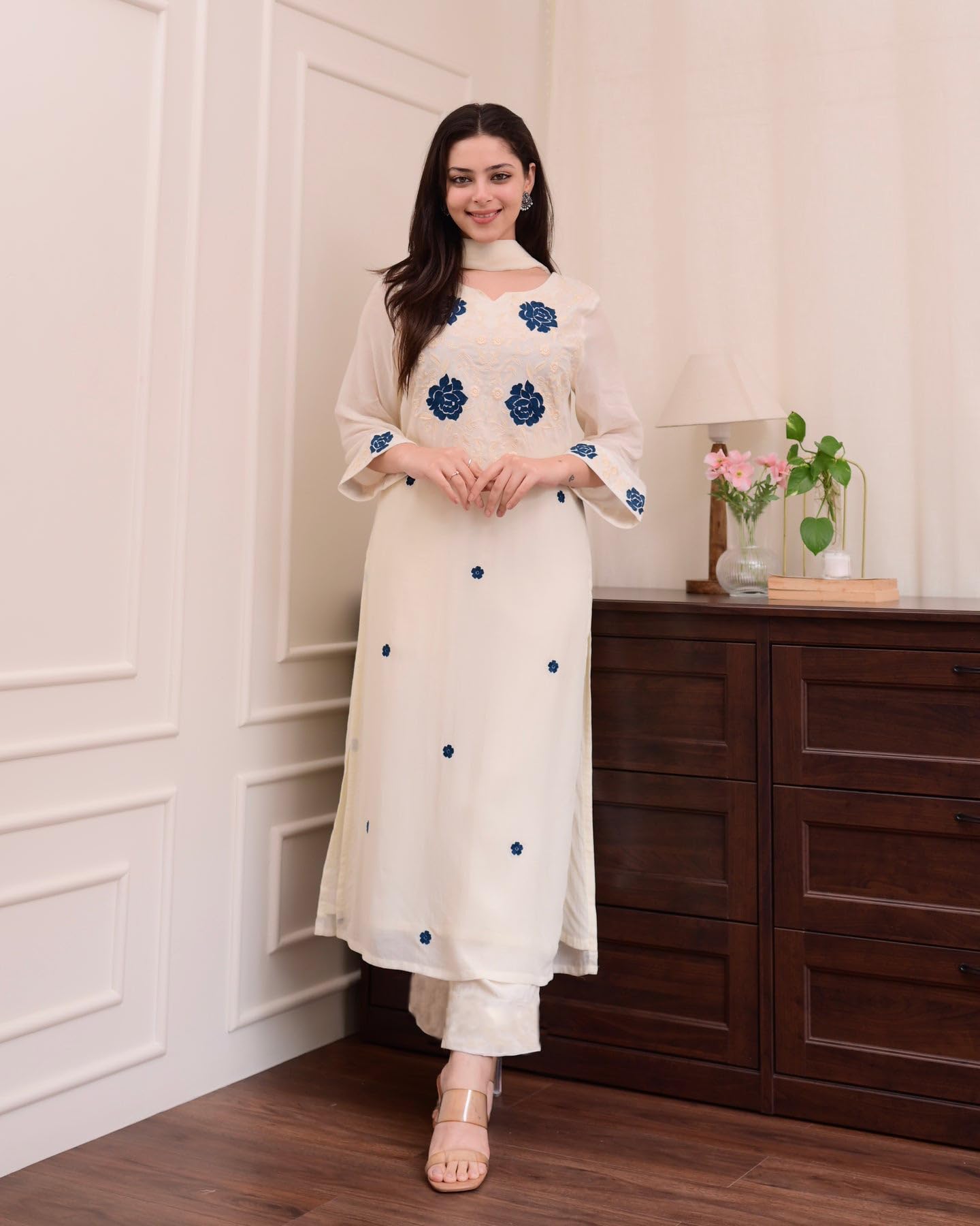 GoSriKi Women's Embroidered Kurta with Pant & Dupatta - Cream - Image 3