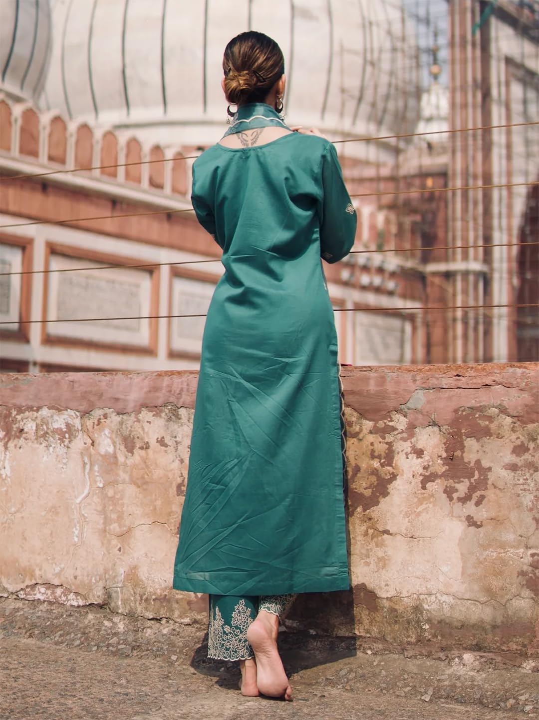 Royal Export Women's Viscose Silk Floral Embroidered Kurta Pant - Pine Green - Image 3