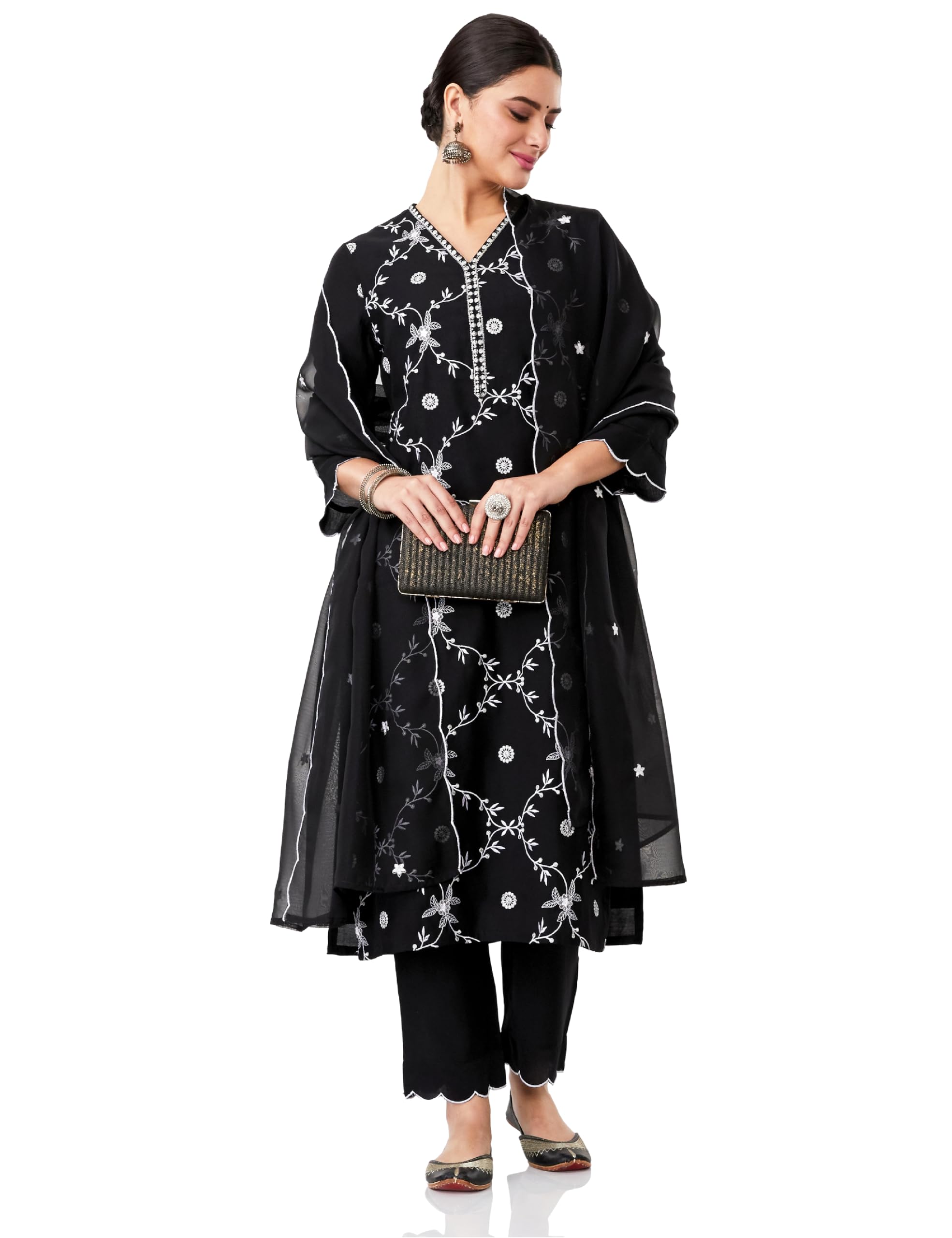Myx Women's Embroidered Kurta Pant Set with Organza Dupatta - Black