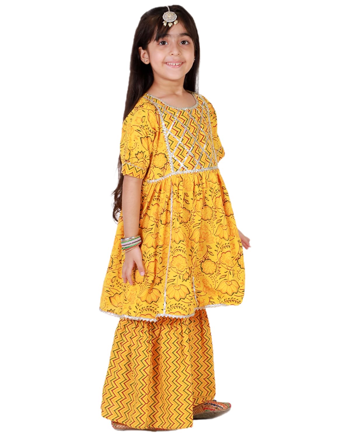 Sanganeri Printed Kurta Sharara Set for Baby Girls - Yellow - Image 5