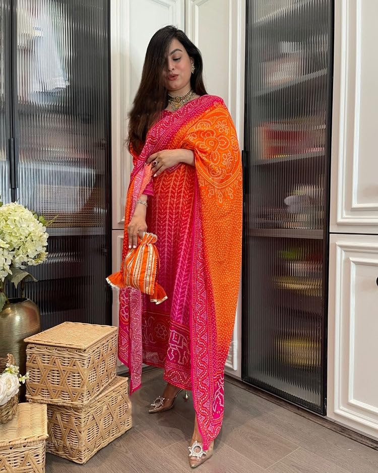 GoSriKi Women's Bandhej Printed Kurta with Pant & Dupatta - Image 2