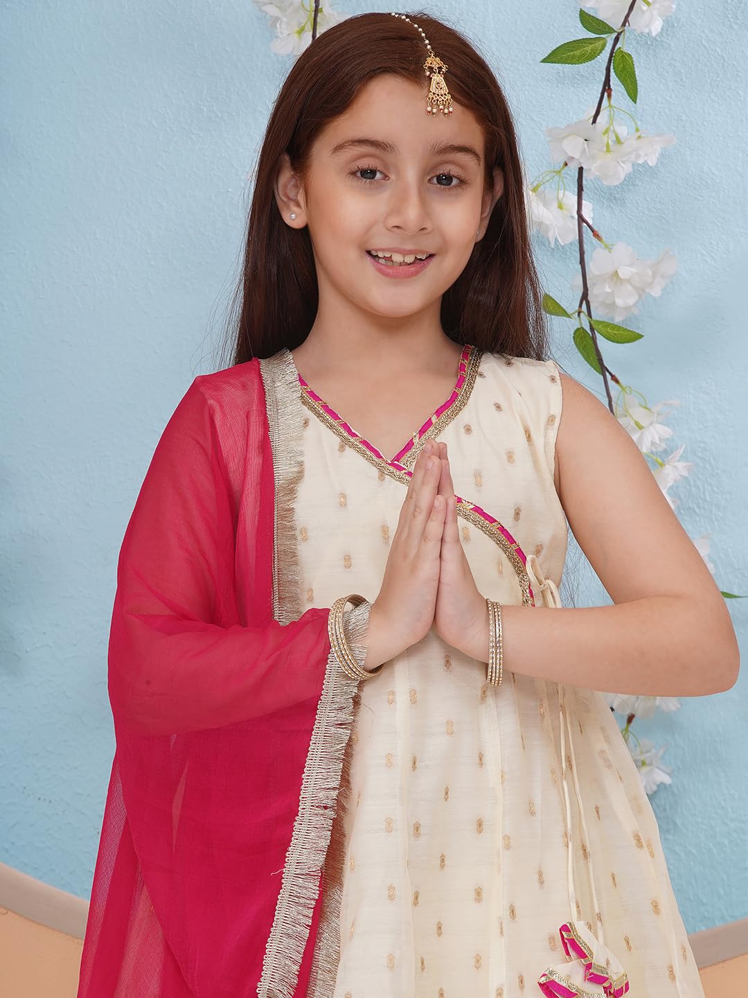 Preneum Girls Cotton Rayon Angrakha Kurta - Cream - Image 2