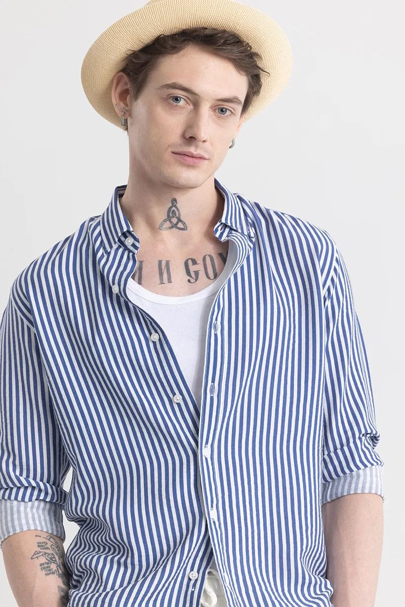 U TURN Men's Cotton Casual Shirt - Darkblue White - Image 2