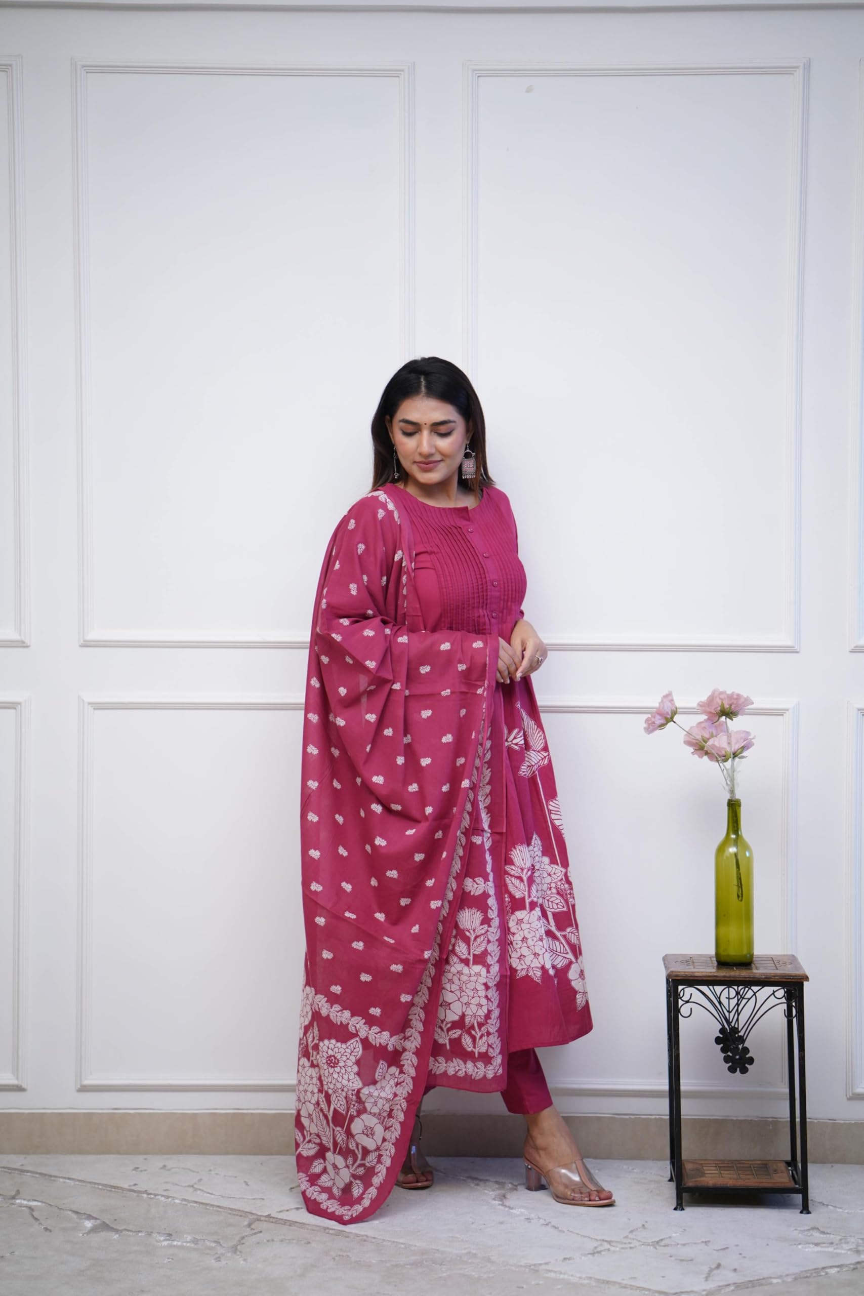 GoSriKi Women's Anarkali Kurta with Pant & Dupatta - Pink - Image 2