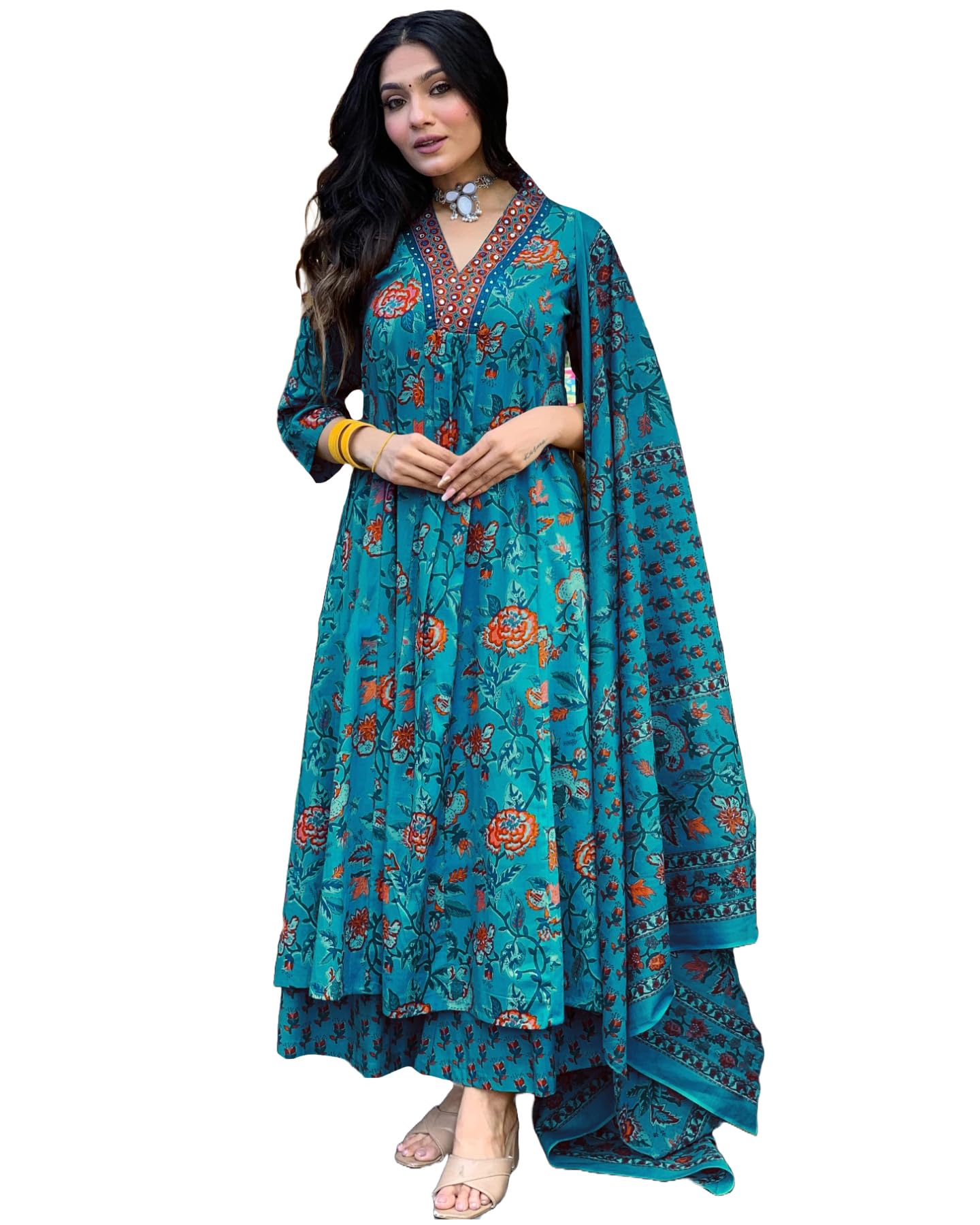 GoSriKi Women's Anarkali Kurta with Palazzo & Dupatta - Sky Blue