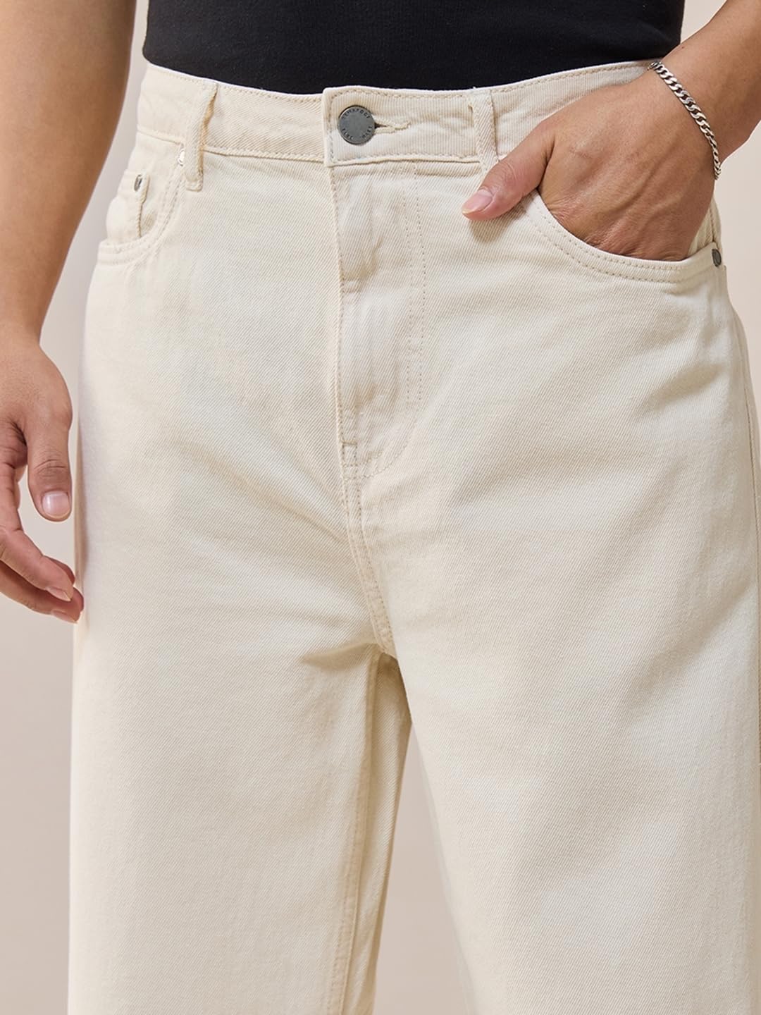 Bewakoof Men's Solid Wide Leg Cotton Jeans - Beige - Image 5