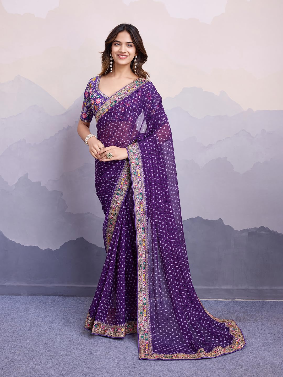 Georgette Saree with Embroidery - Purple - Image 2