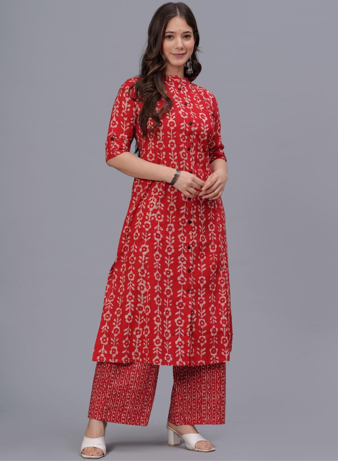 rytras Women's Pure Cotton Printed A-Line Kurta Set - Red - Image 4