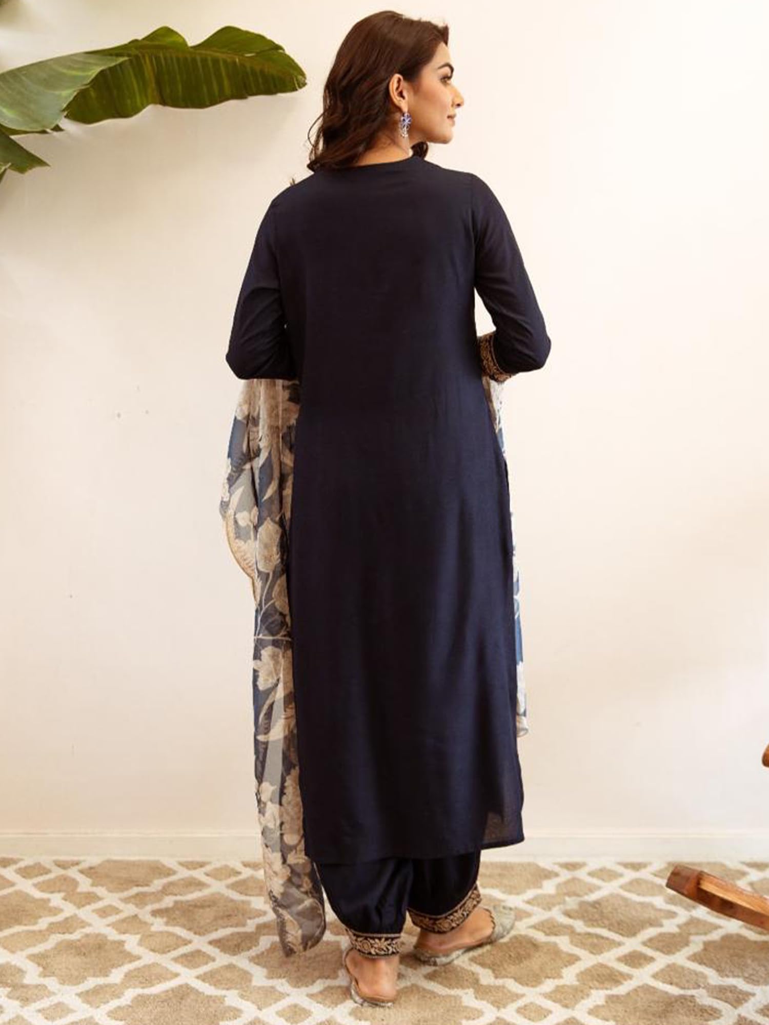 INDO ERA Navy Blue Embroidered Kurta Pant Dupatta Set for Women - Image 5