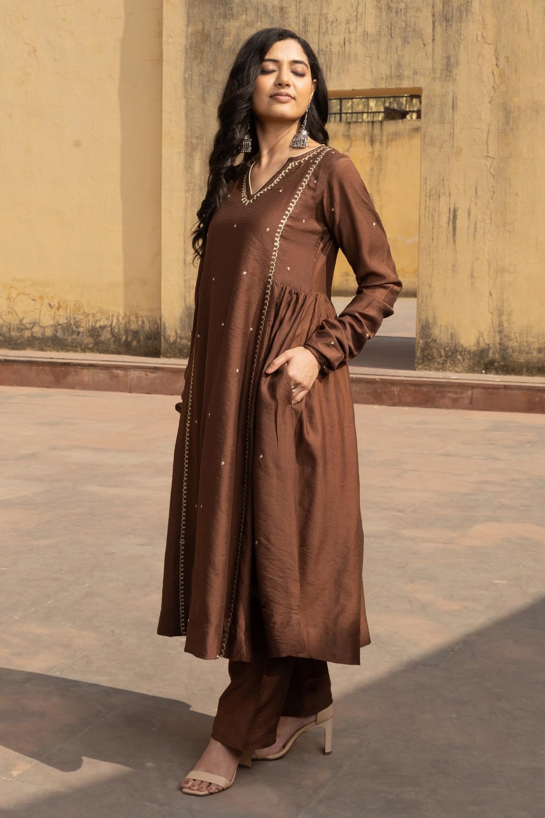 ANNI Women Kurta with Pant and Dupatta - Brown - Image 4