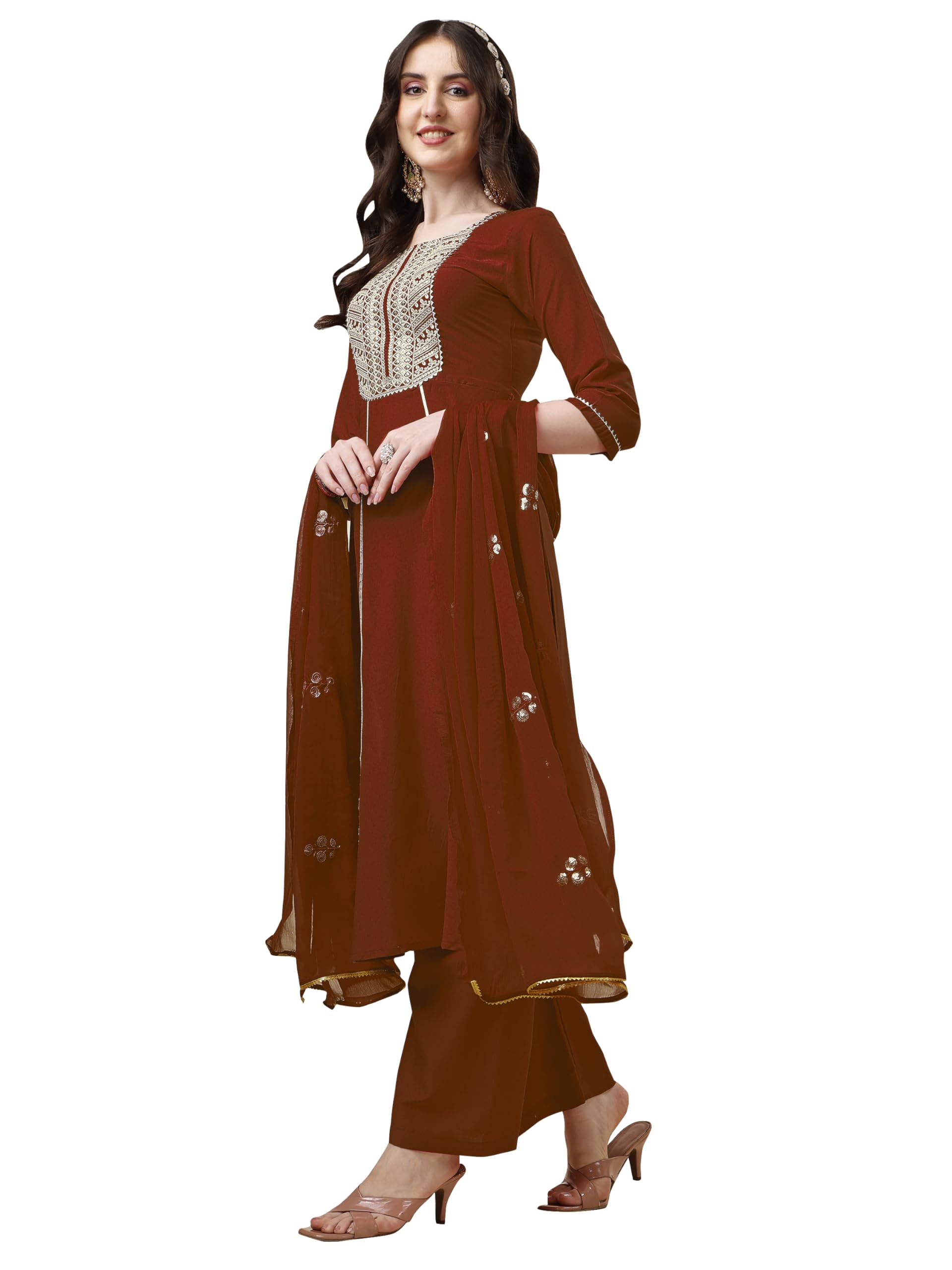 EthnicJunction Women's Embroidered Kurta Palazzo Set - Rust