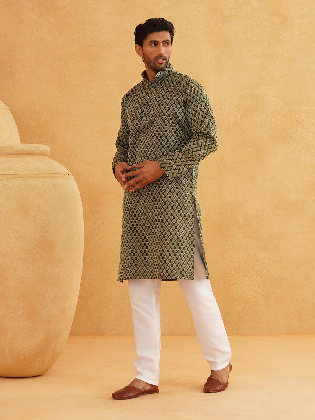 SOJANYA Kurta for Men - Dark Green Jacquard Silk - Image 2