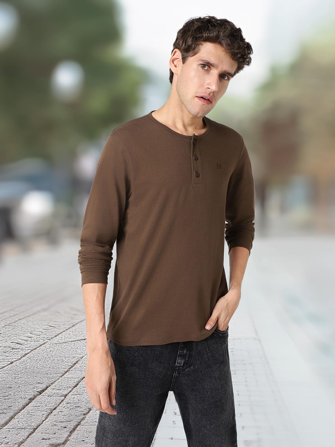 Urbano Fashion Men's Cocoa Brown Henley Neck T-Shirt - Image 2