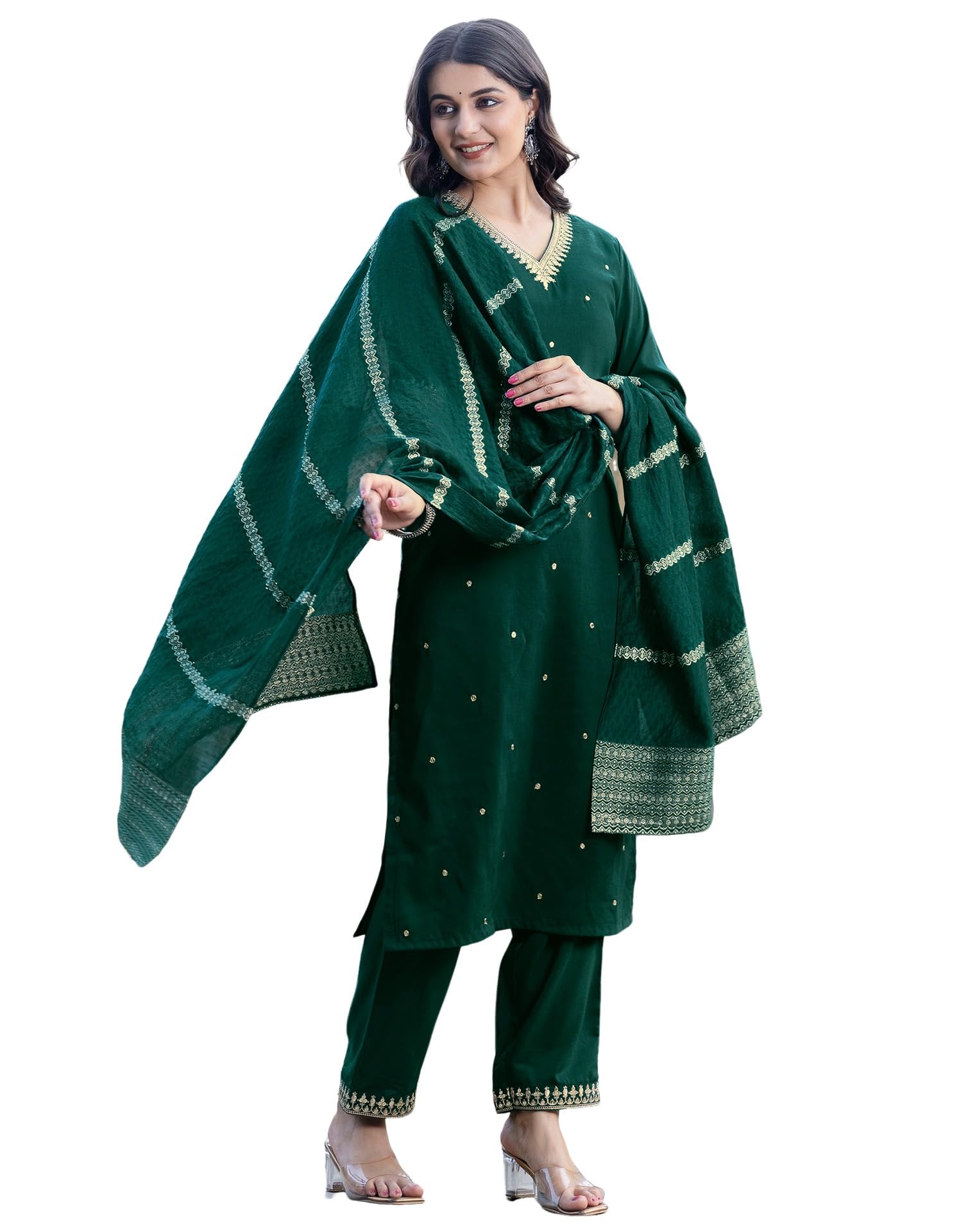 SIRIL Women's Kurta with Pant & Dupatta - Green
