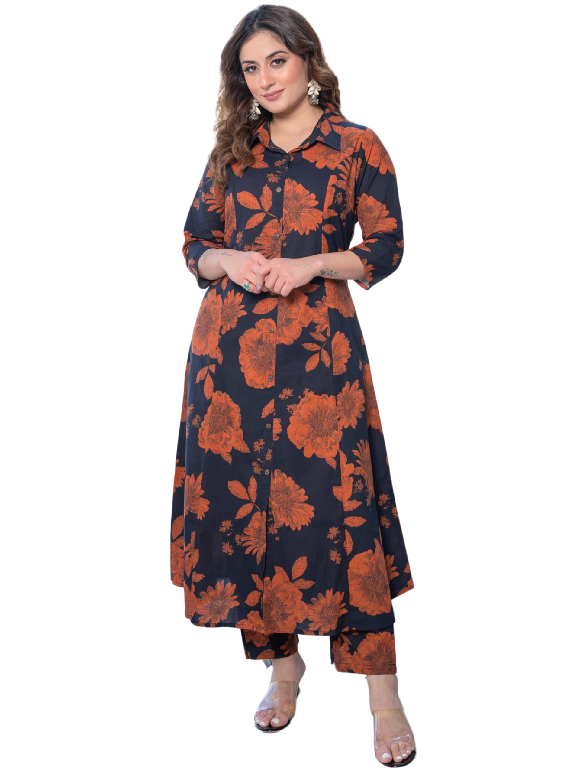 Arayna Women's Cotton Hand Block Printed Kurta Set - Black