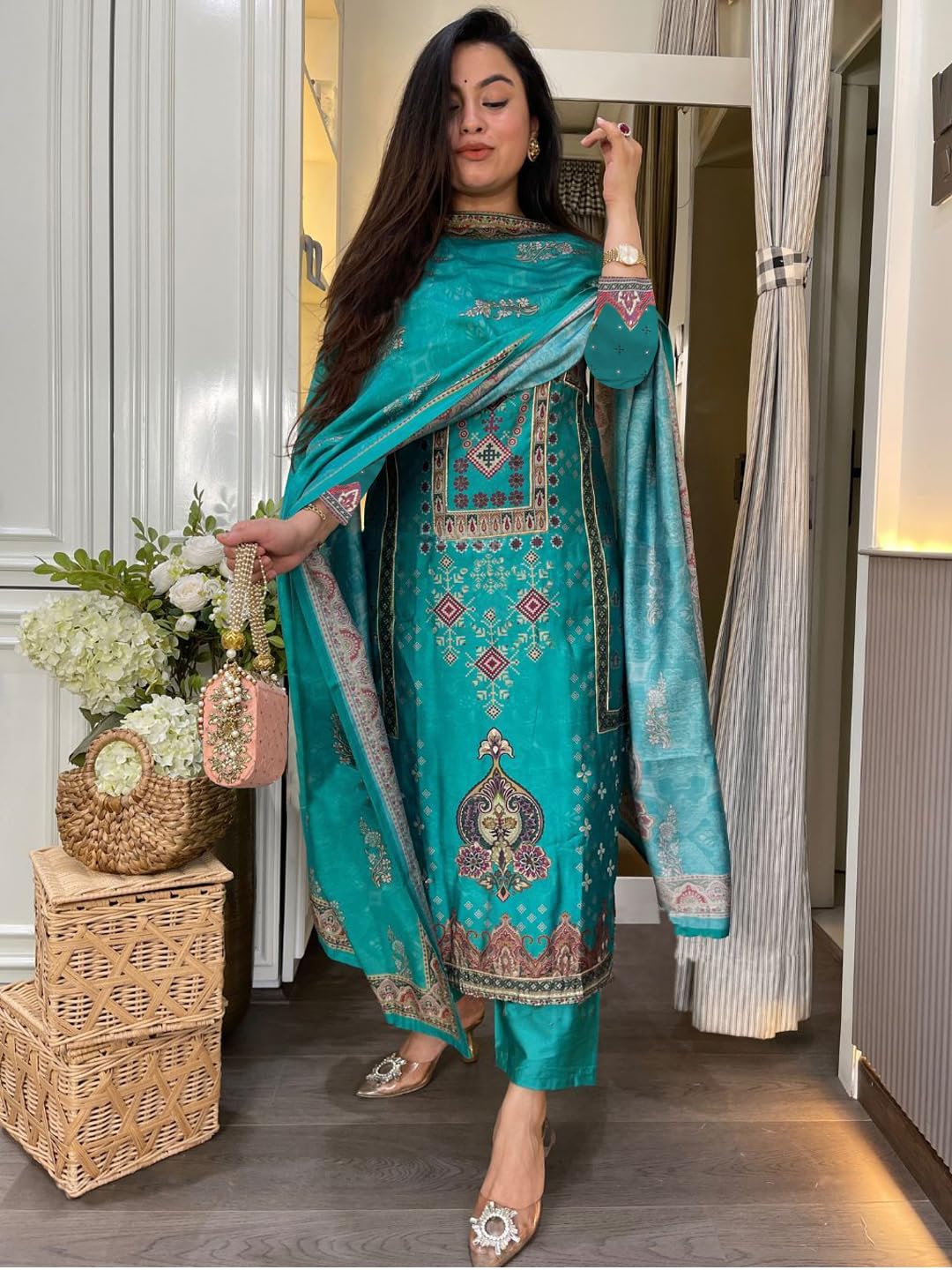 ANNI DESIGNER Teal Blue Rayon Kurta Set for Women - Image 3