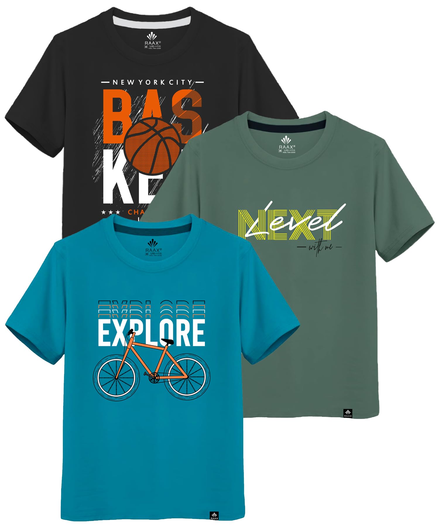 RAAX Boys Cotton T-Shirts - Black, Mint, Turquoise