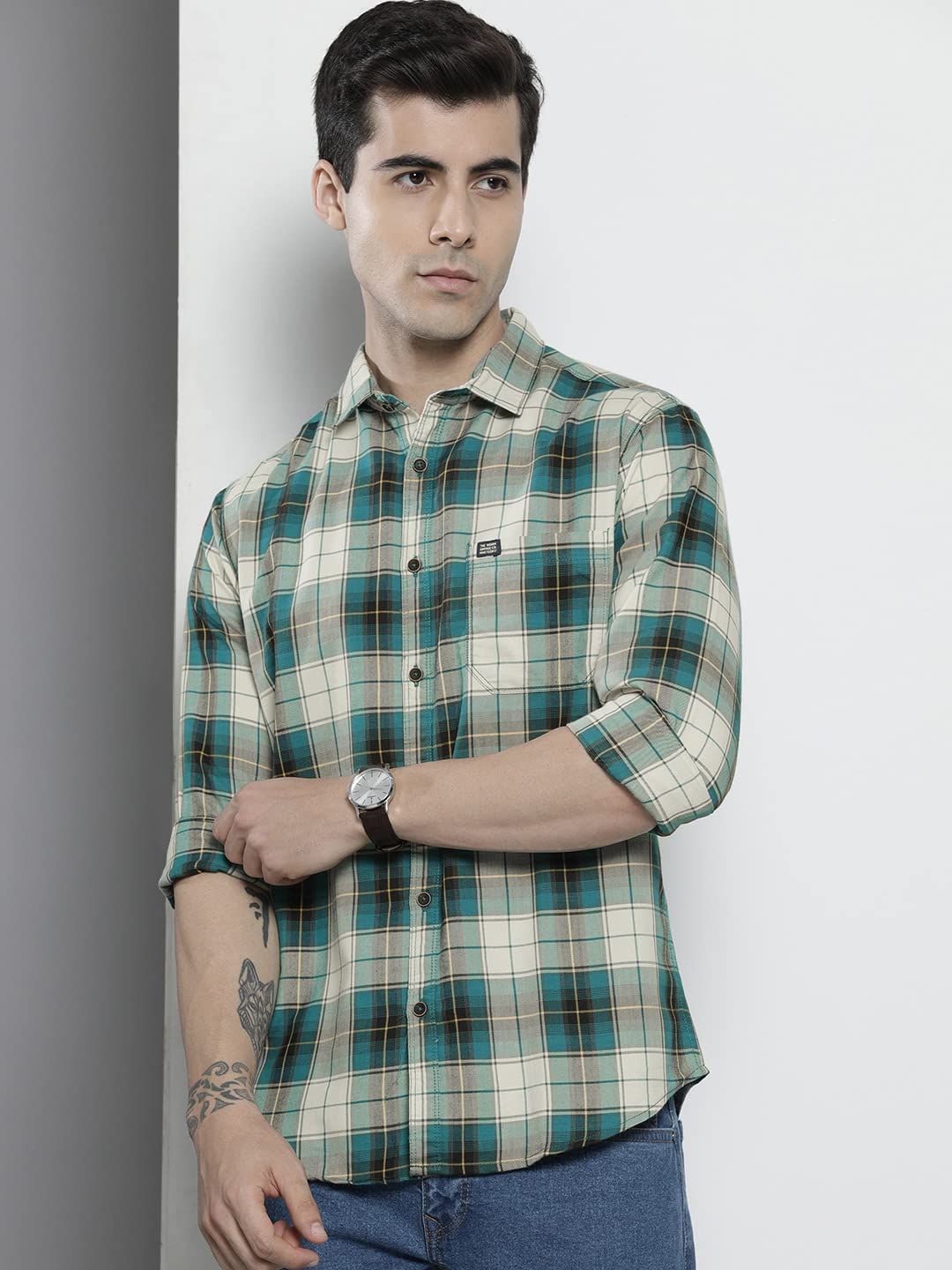 The Indian Garage Co Men's Green & White Checkered Casual Shirt - Image 4