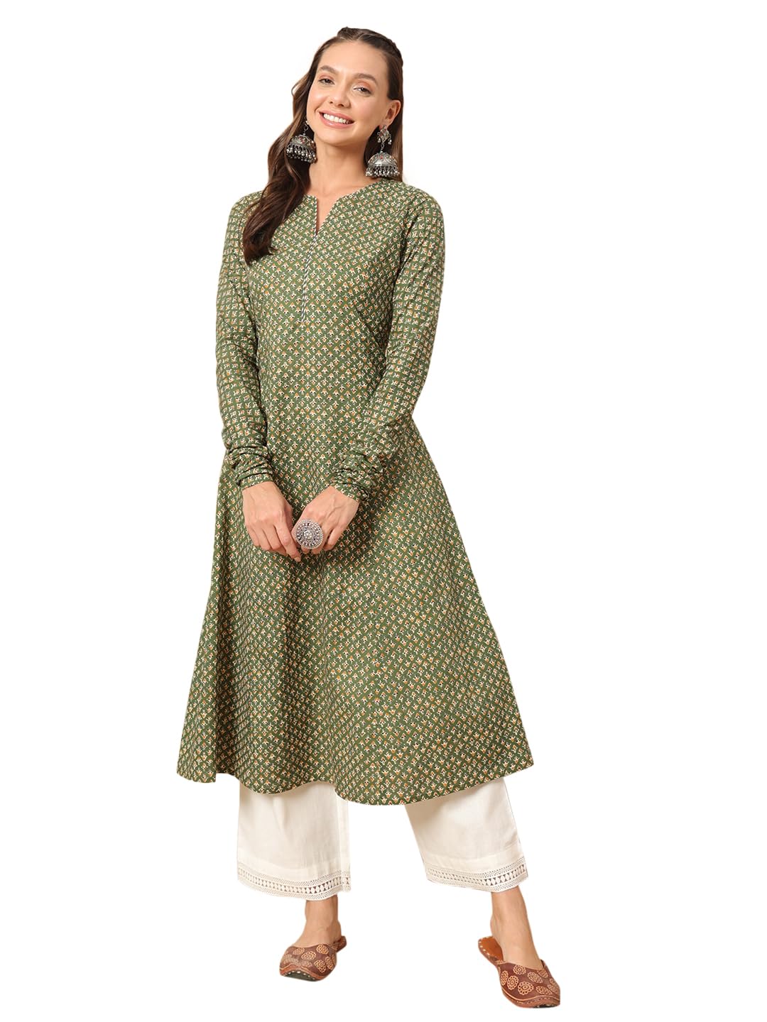 FIORRA Women's Green Floral Cotton A-Line Kurta