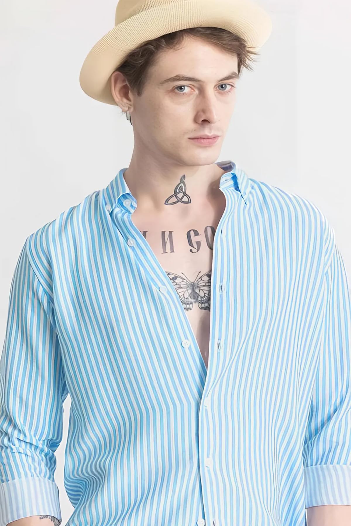 U TURN Men Cotton Casual Shirt - SkyBlue White - Image 4