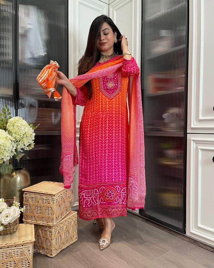 GoSriKi Women's Bandhej Printed Kurta with Pant & Dupatta - Image 4