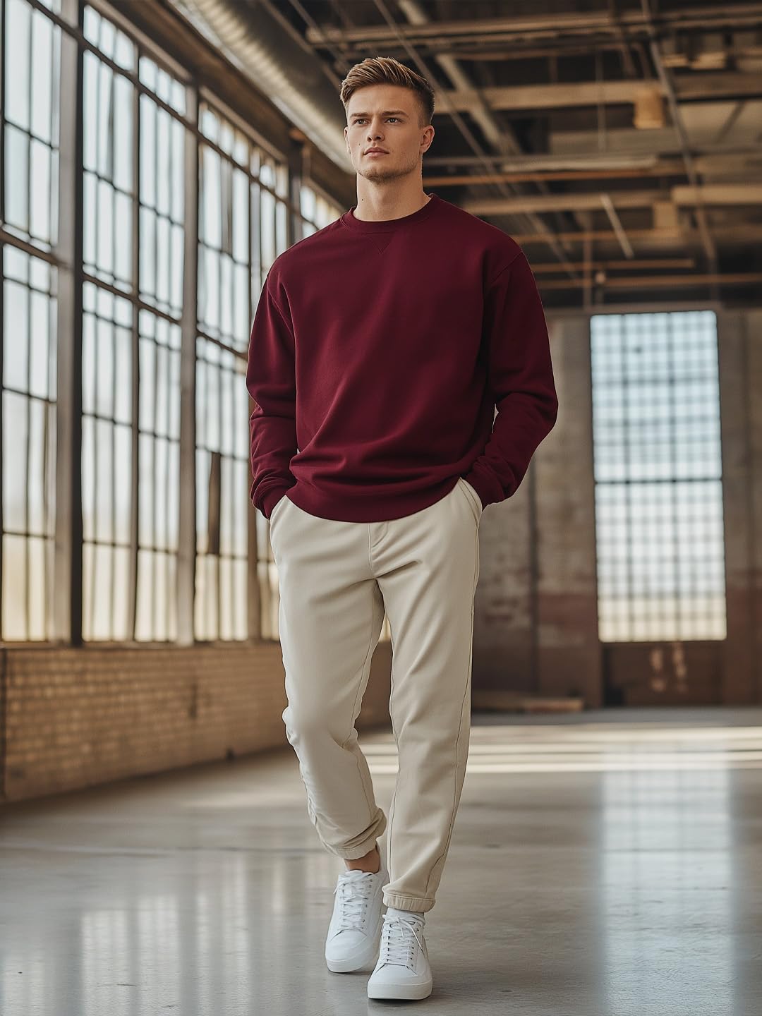 NOBERO Men Polycotton Crew Neck Sweatshirt - Maroon - Image 4