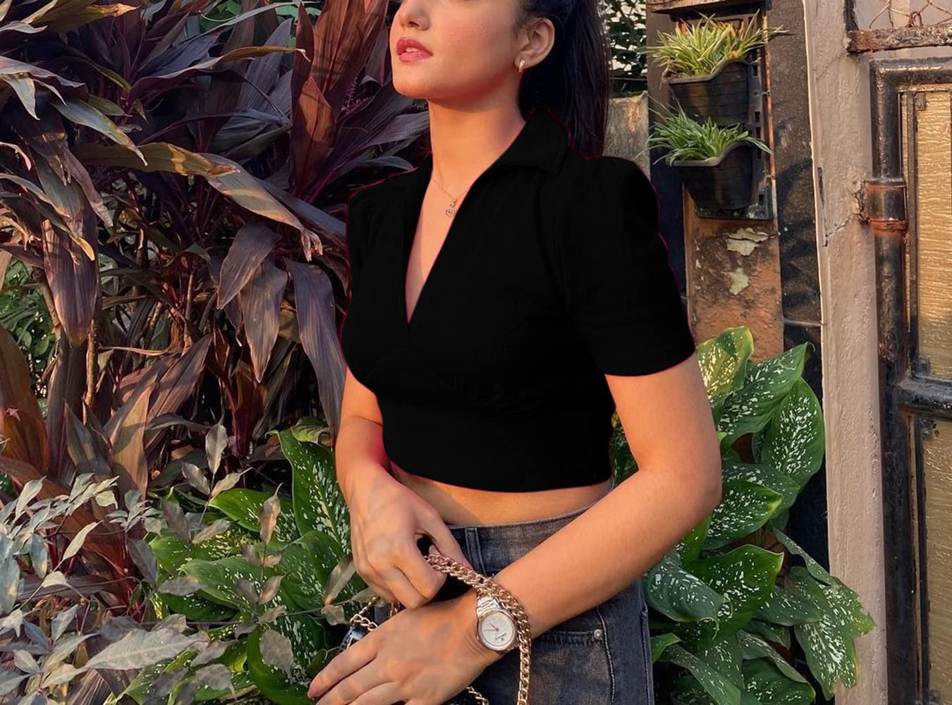 Aahwan Cotton V Neck Crop Top for Women - Black - Image 3