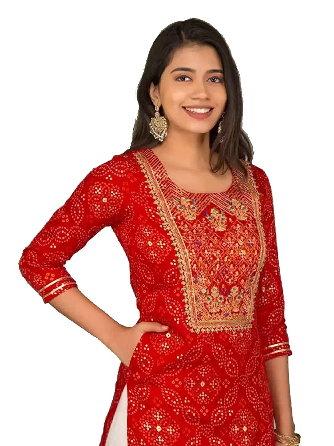 GarbGlide Women's Rayon Kurta with Palazzo - Golden Foil Printed Red - Image 4