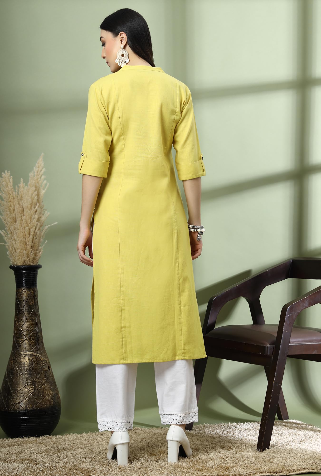 GarbGlide Women Cotton Kurta - Lime Yellow - Image 5