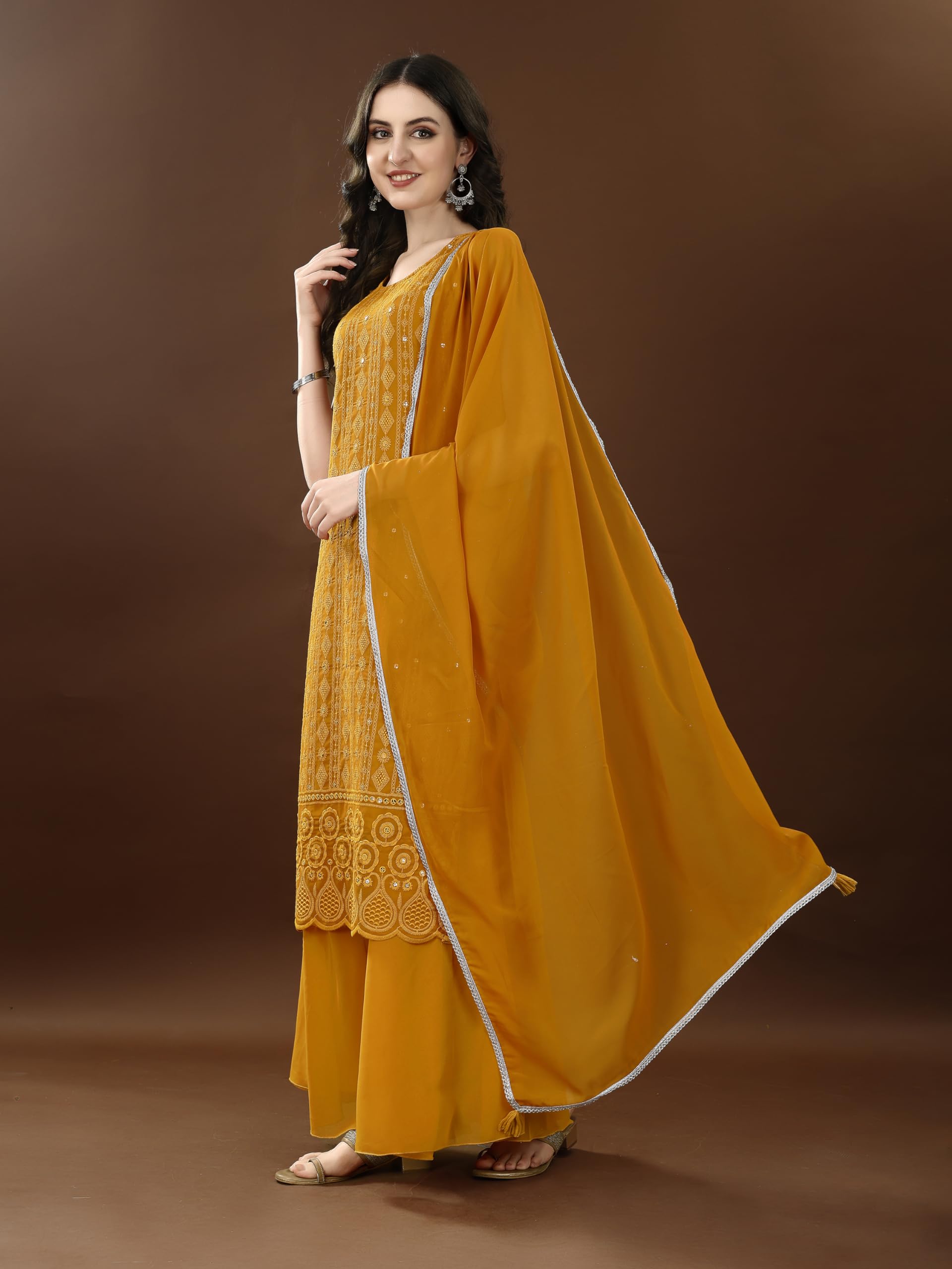 Gold Mustard Georgette Embroidered Kurta for Women - Image 3