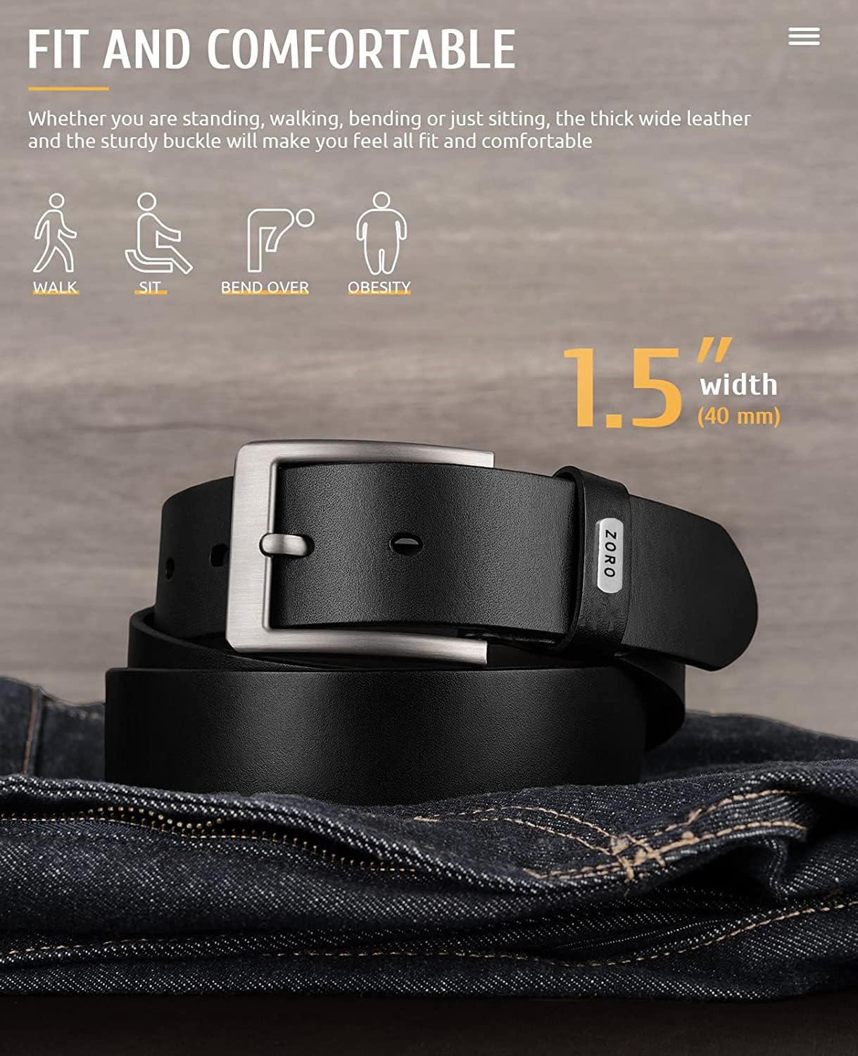 ZORO Black Genuine Leather Belt for Men - Image 5