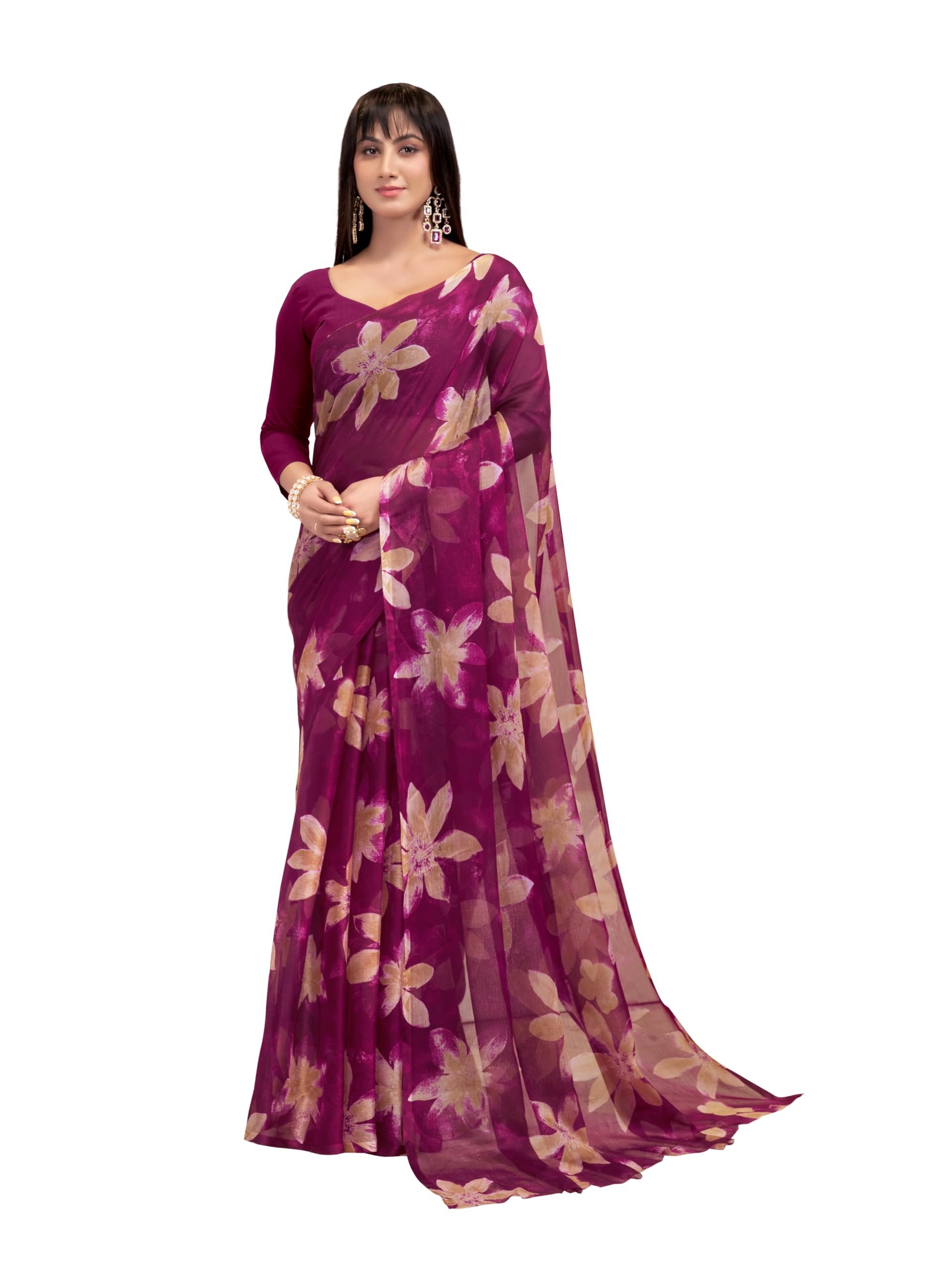 Garden Vareli Women's Floral Chiffon Saree - Wine