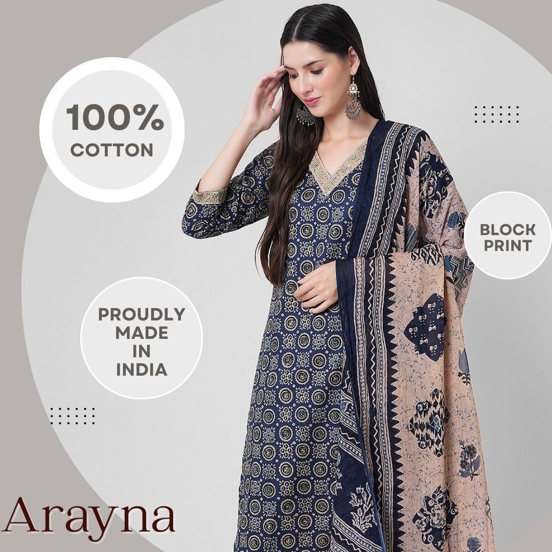 Arayna Women Cotton Block Printed Kurta Set - Blue - Image 2