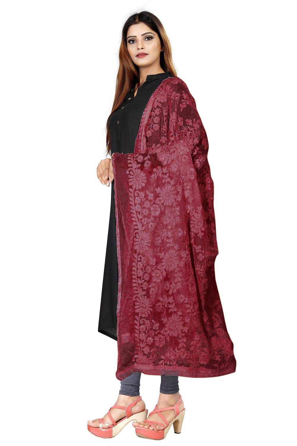 Avni Women Maroon Floral Embroidered Chiffon Dupatta - Image 2