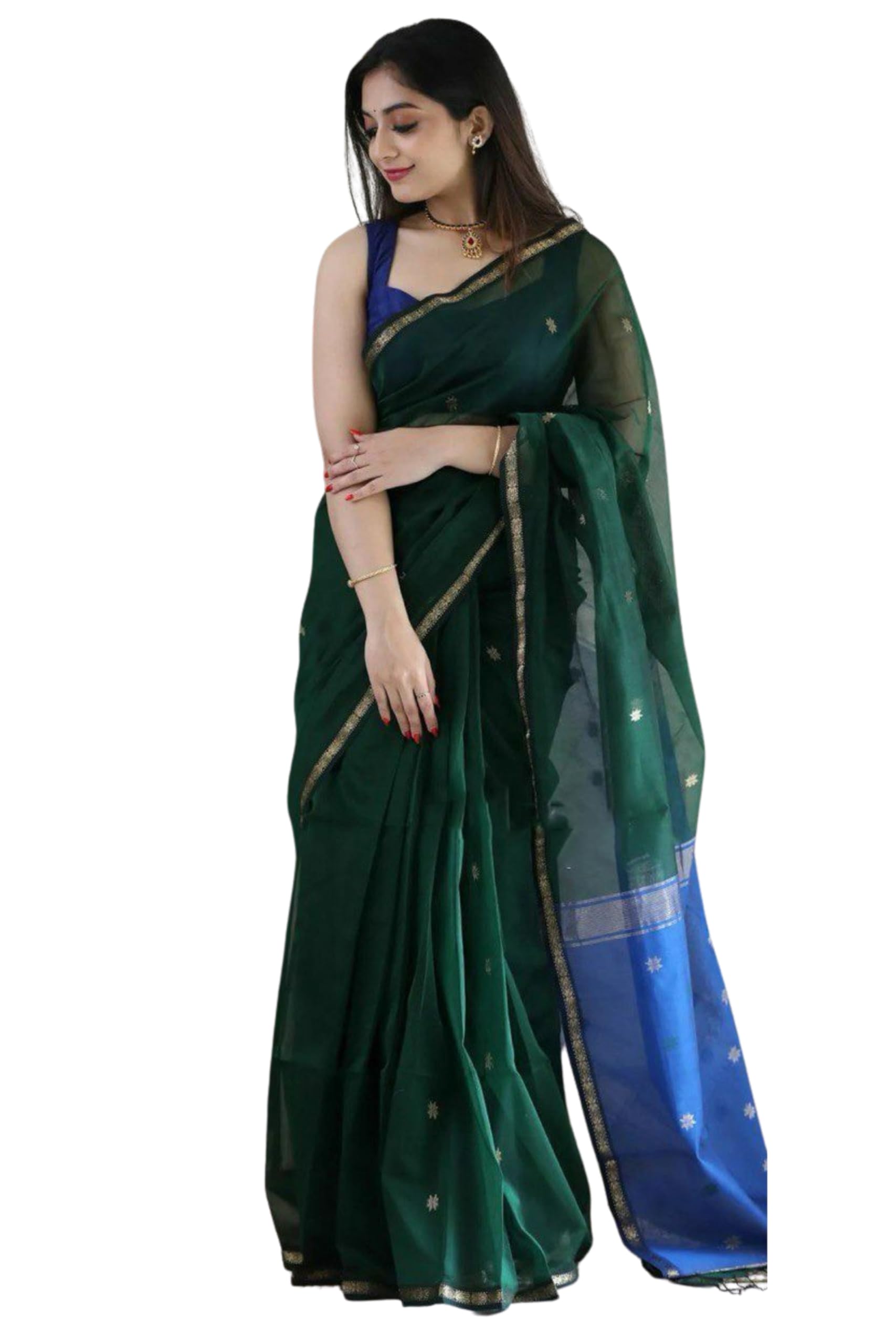 ZECVA Lichi Silk Saree for Women - Dark Green Blue