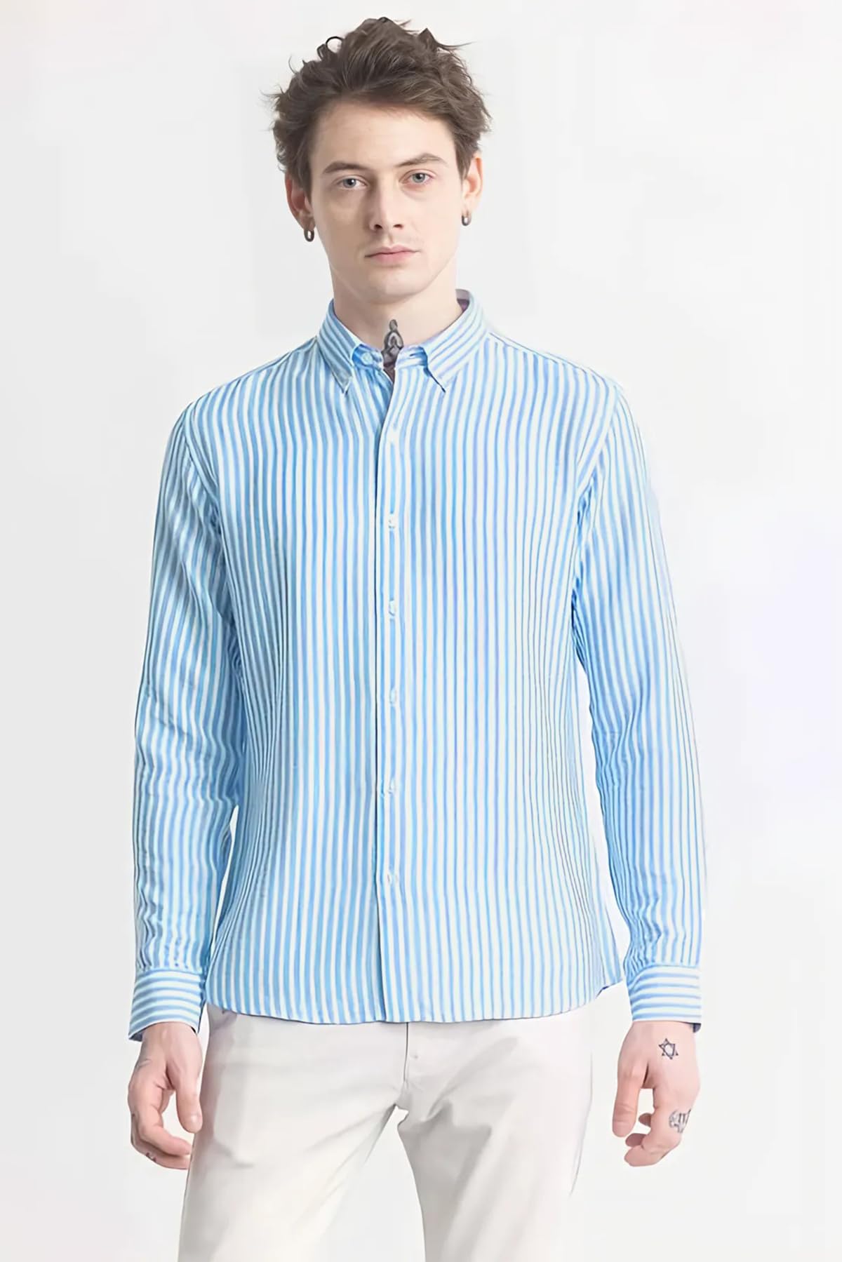 U TURN Men Cotton Casual Shirt - SkyBlue White - Image 2