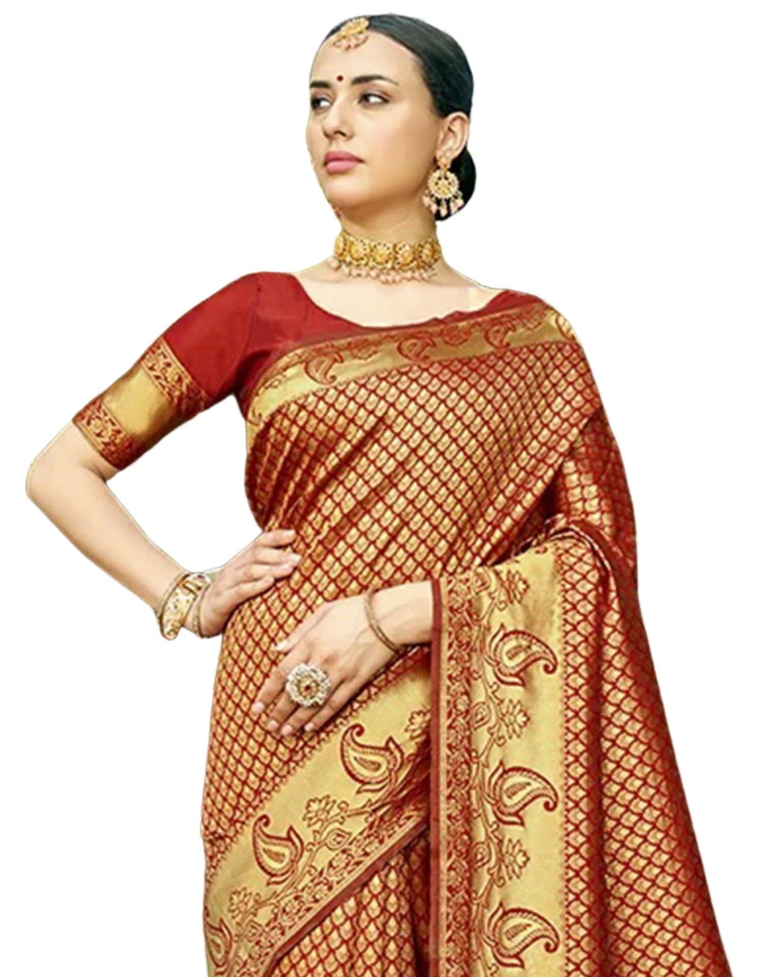 Banarasi Silk Saree with Unstitched Blouse - Red & Golden