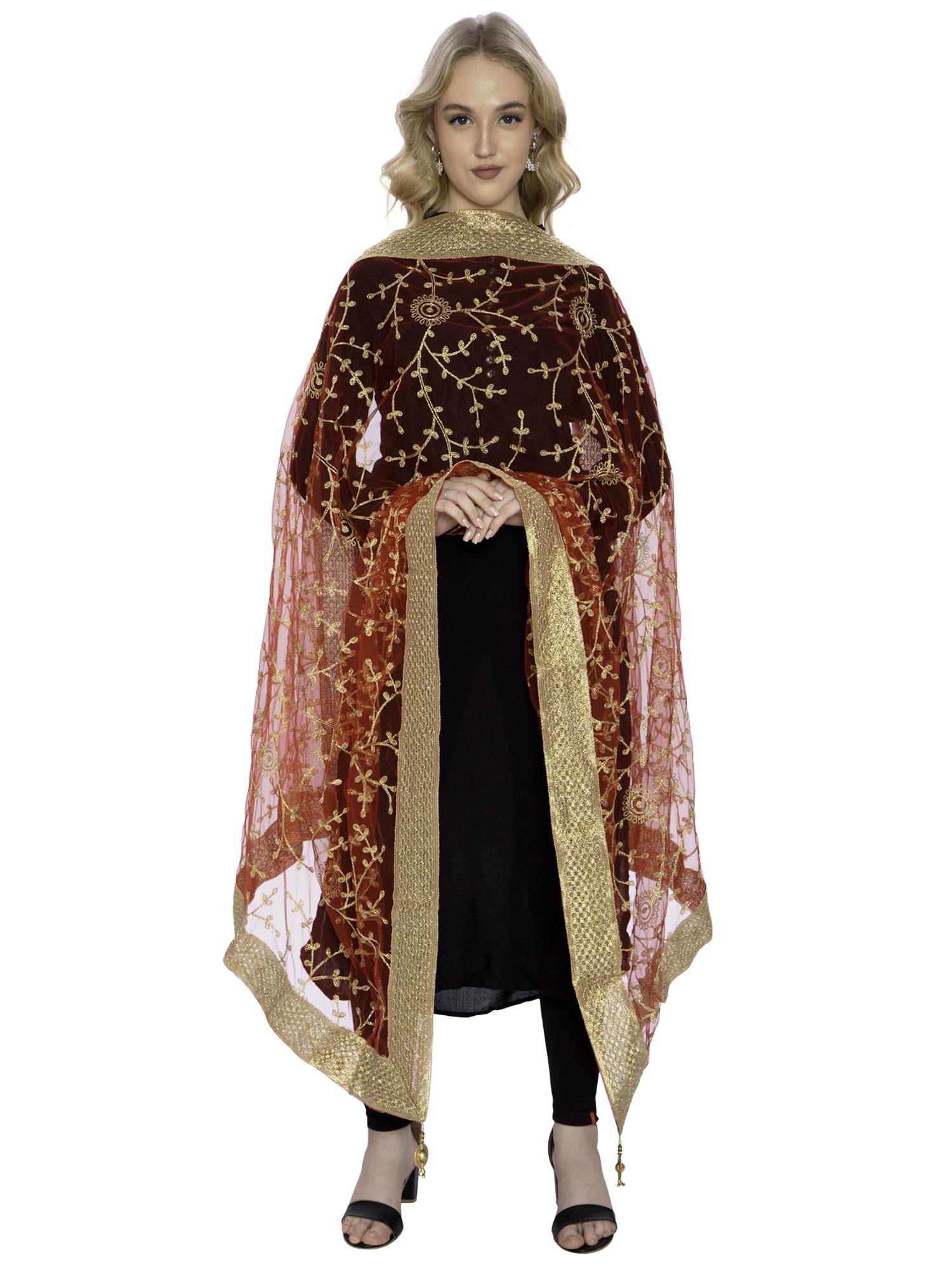 ZEN APPAREL Women's Embroidered Dupatta - Golden Net
