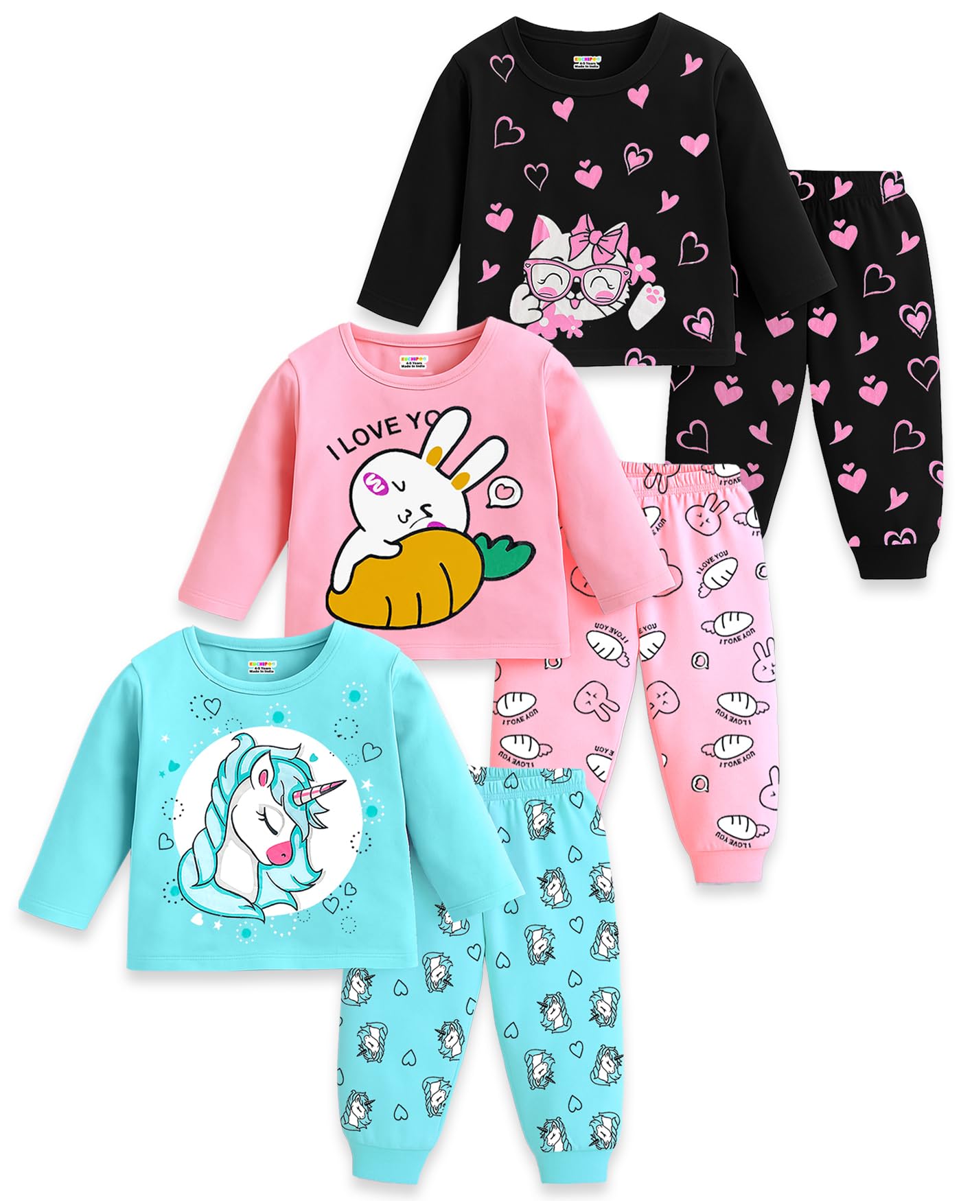 Kuchipoo Baby Girl Cotton T-Shirts and Pyjamas Set - Multi-Colored