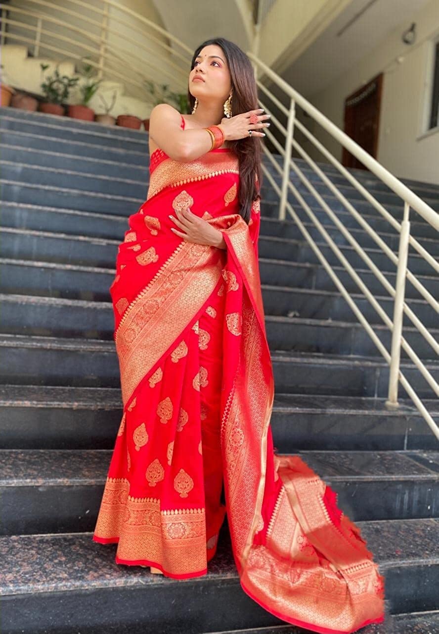 C J Enterprise Women's Banarasi Kanjivaram Silk Saree - Red - Image 5