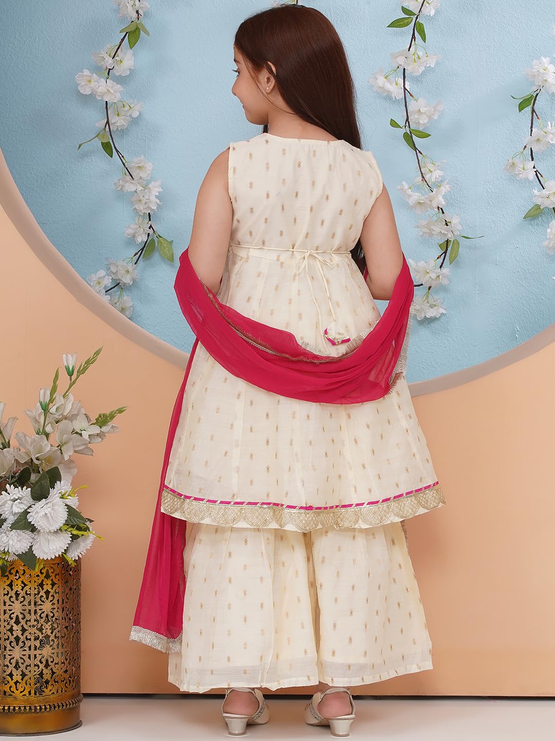 Preneum Girls Cotton Rayon Angrakha Kurta - Cream - Image 5