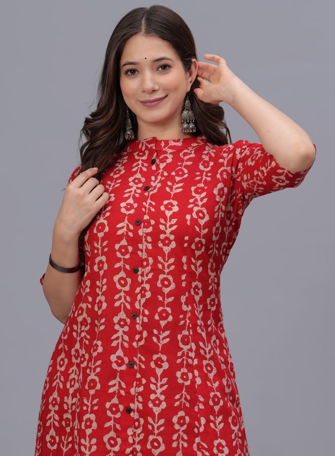 rytras Women's Pure Cotton Printed A-Line Kurta Set - Red - Image 5