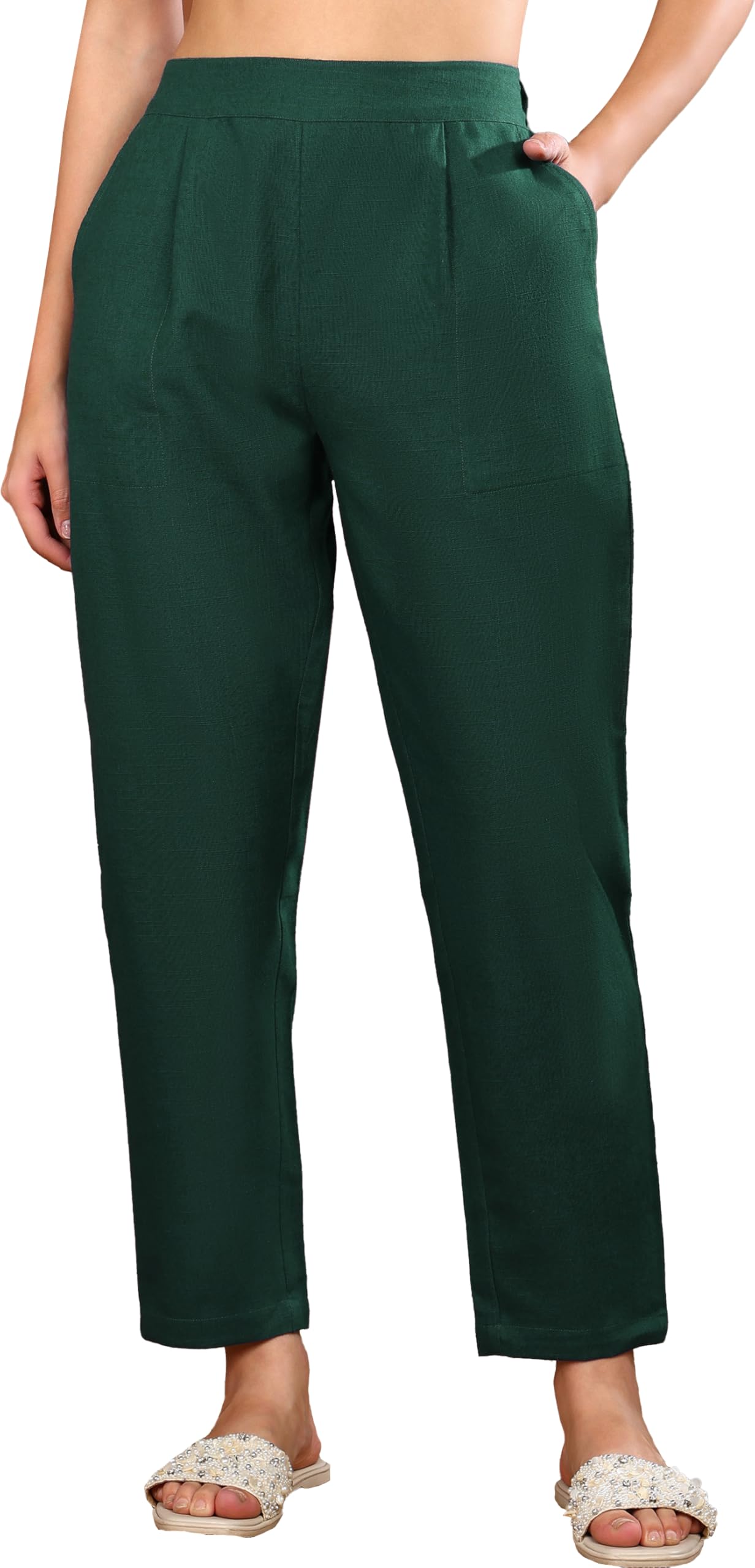 Yash Gallery Women's Mid Rise Cotton Trouser - Bottle Green