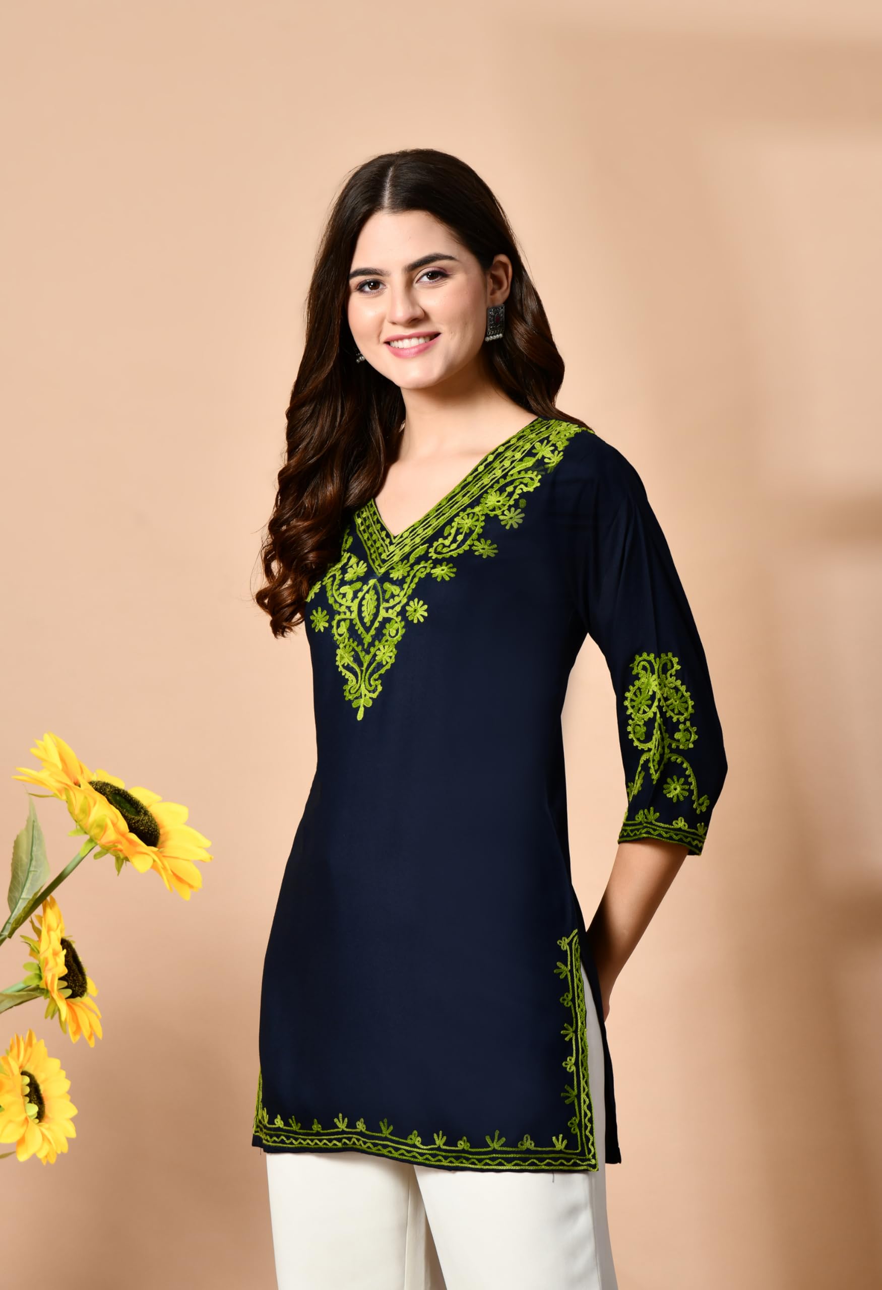 Kashmiri Embroidered Tunic Top for Women - Navy Blue - Image 2